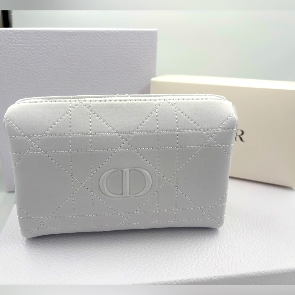 NWT Dior White Quilted Cannage Logo Zip Pouch Travel Bag Bridal Clutch